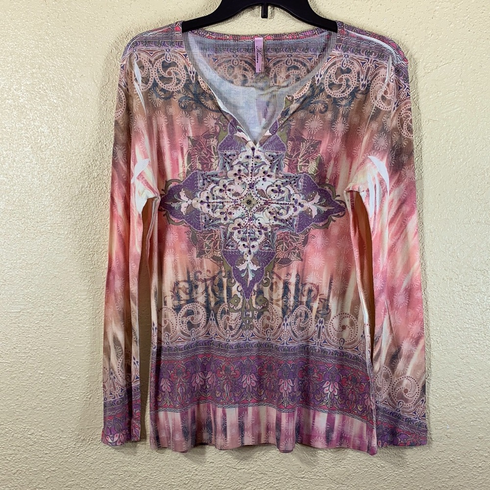 Kiara Knit Top Blouse Pink Purple L Embellished Polyester Rayon